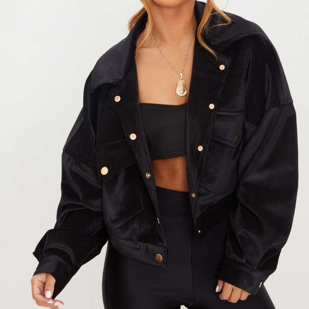Black Cropped Cord Oversized Trucker Jacket